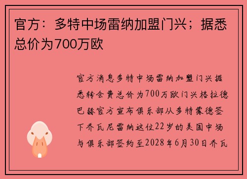 官方：多特中场雷纳加盟门兴；据悉总价为700万欧